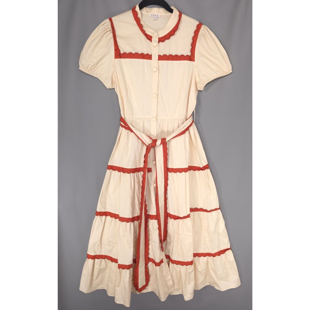 TCEC Women’s NWOT Maxi‎ Dress LARGE Scallop Stitch Bow Tie Tiered Puff Sleeve